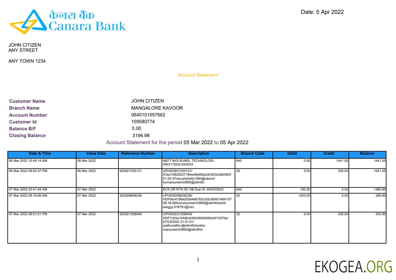 Relevé bancaire Inde Canara 5 pages